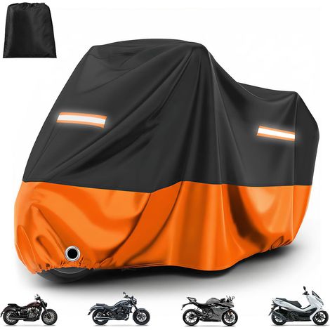 Housse Moto Extérieure Imperméable - Bâche de Protection XL Anti-UV & Anti-Poussière avec Trou pour Antivol Sangles Coupe-Vent Noir Orange 220×105×125cm (1/5)