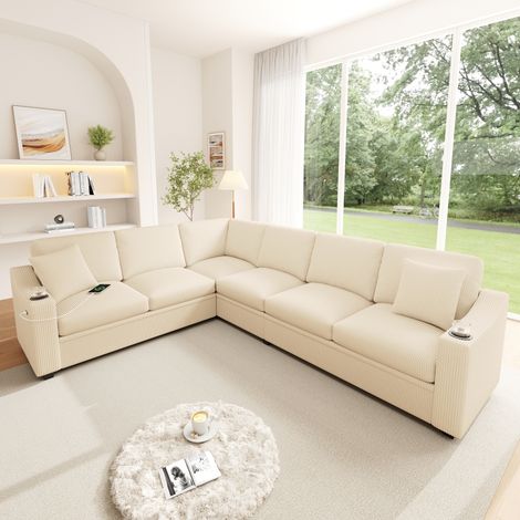 Assise grand confort : canapé d'angle modulable 6 places avec chargeur USB et porte-gobelets pour 6 à 7 personnes (1/5)