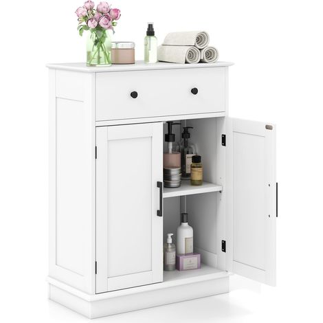Mobiletto da bagno con ante, credenza moderna con cassetto e ripiano regolabile, mobile bar per cucina e soggiorno, Bianco (1/5)