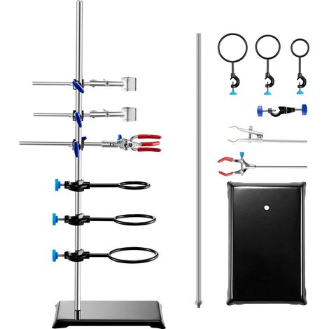 Support de statif de laboratoire, pied en fonte 21,1 x 13,5 cm, tige en acier 59,9 cm, avec pinces pour ballon, burette et croisillons. (1/5)