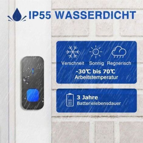Trimec – IP55 Wasserdichte Funk-Türklingel – 400 m Reichweite – 55 Melodien – 5 Lautstärkestufen – Blaue LED für optisches Signal (1/5)