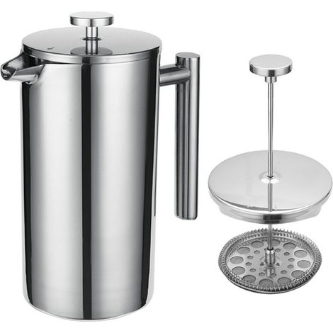 Cafetera de émbolo aislada, de acero inoxidable 304, 800 ml, 3 filtros, mango antiescaldaduras, inoxidable. (1/5)