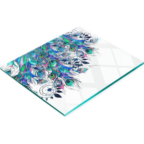 Tabla de cocina de vidrio templado con motivos decorativos de plumas de pavo real, 60x52 cm. (1/5)