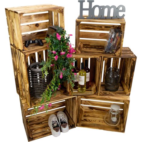 7er set Vintage Kisten geflammt 50x40x29cm / 40x30x25cm Deko & Möbelkisten Wohnwand Obstkisten Weinkisten Optik DIY Upcycling (1/5)