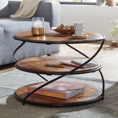 Table basse ronde 3 niveaux 58x40,5 cm en bois de sheesham (1/5)