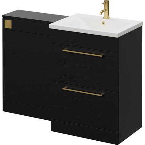 Napoli 460 Cento Nero Oak 1200mm 2 Drawer Vanity Unit Toilet Suite with Glide Basin - 1200mm - Brushed Brass 320mm HandleWithout Kingston Toilet Pan