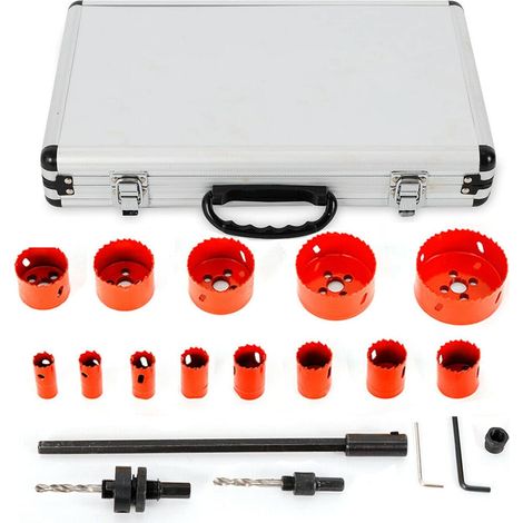 Scie cloche set Bi-métal 17 pcs foret Ø 19-76mm foret en boîte avec 2 mandrins, 2 forets centigrades, 2 clés hexagonales, adaptateur dans le boîtier pour métal souple BOIS PVC plastique (rouge) (1/5)