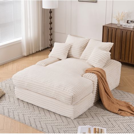 Chaise longue de terciopelo acanalado 135 x 165 cm con 4 cojines, beige DESVIAE (1/5)