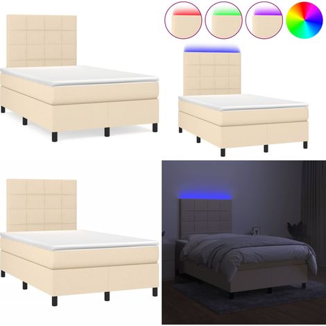 Sommier à lattes de lit matelas et LED crème 120x190 cm tissu - Sommier Tapissier - Lit Double - Matelas Inclus - Éclairage Led - Têtière Ajustable - Home & Living (1/5)