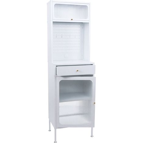 [NEUWERTIG] Highboard HHG-602, Hochschrank Küchenschrank Saugrobotergarage, Staufächer Metall Glas 182x54x40cm weiß