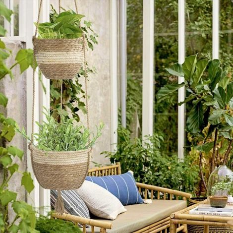 Panier suspendu en jonc de mer, pot de fleurs tissé en 2 tailles pour l'intérieur et l'extérieur - Panier de rangement et contenant pour plantes (beige) (1/2)