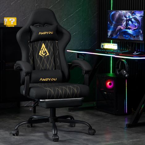 Fauteuil de jeu ANDYOU avec repose-pieds – Fauteuil de bureau ergonomique en cuir PU, noir Fauteuil de jeu ANDYOU avec repose-pieds – Fauteuil de bureau ergonomique en cuir PU, noir
