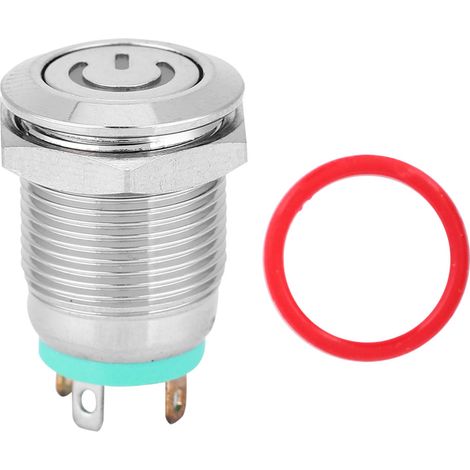 Bouton poussoir métallique plat avec LED verte intégrée, fonction de rappel automatique, symbole marche/arrêt, diamètre 12 mm, tension 12 V