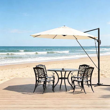 Freiarmschirm rund 292 x 207 cm aus Metall und Polyester, beige, 360° drehbar – MEUBLIV (1/5)