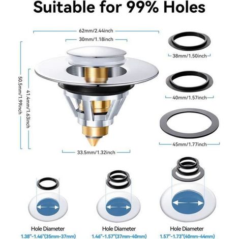 Bouchon Lavabo, Universel Pop up Bonde de Lavabo Acier Inoxydable avec 3 Joints pour Trous de Vidange de 35-44 mm (1/4)