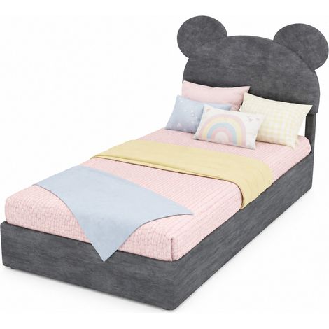Lit 90x200 avec tête de lit cartoon rembourrée, base de rangement à vérins pneumatiques, tissu gris pour chambre enfant, matelas non inclus  CHICFURN (1/5)