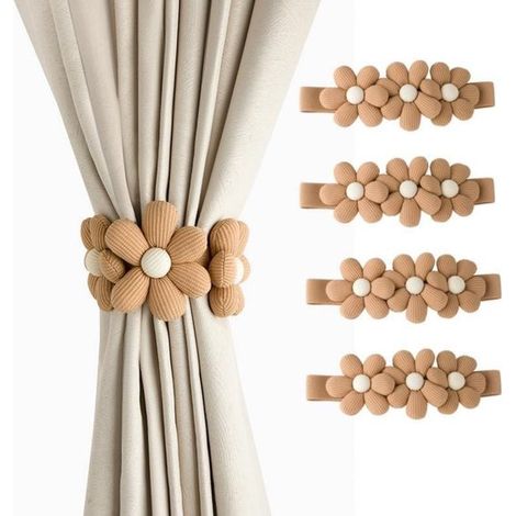 Longziming - Supports de rideaux - Accessoires de rideaux bohèmes - Coton et lin naturels - Fermeture à motif floral - Convient à toutes les pièces - Lot de 4 (1/5)