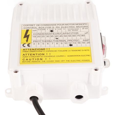 Boîtier de commande avec disjoncteur thermique intégré pour pompes d'aspiration domestiques submersibles de puits profonds, 1,1 kW (1,5 CV), condensateur 60 µF, 25 A, prise UE 220 V. (1/5)
