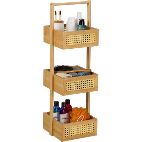 Relaxdays Badregal, 3 Ablagen mit Rattan, HxBxT: 83 x 27 x 26 cm, Standregal für Badezimmer & Küche, Bambus, MDF, natur