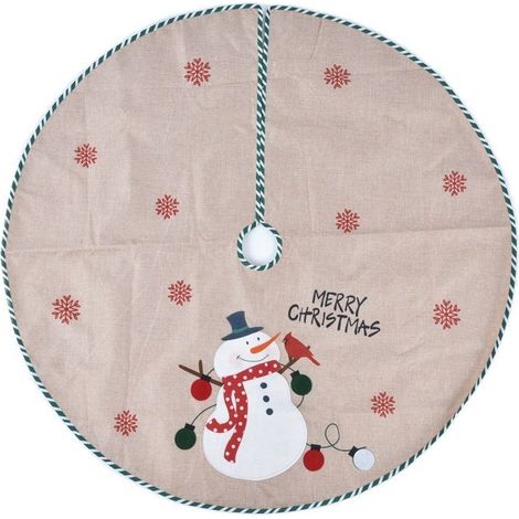 Tapis de sapin de Noël rond en tissu - KAGOLOW - Motif bonhomme de neige - Diamètre 110 cm - Blanc et vert (1/5)