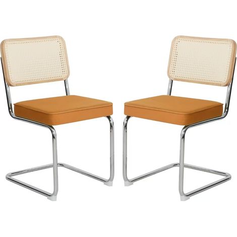 Ensemble de 4 chaises de salle à manger en velours avec dossier en rotin et pieds chromés, style moderne milieu de siècle (1/5)