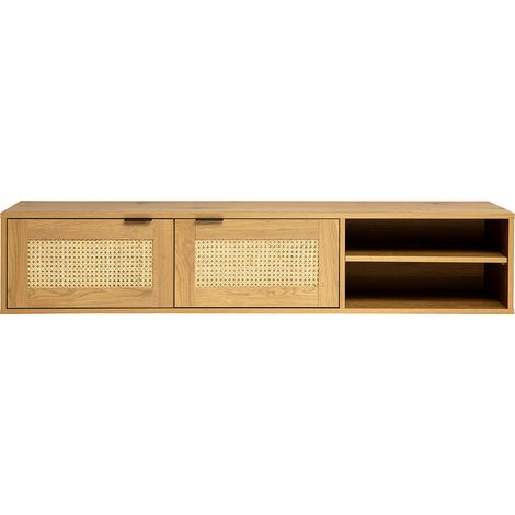Meuble tv mural finition bois clair et cannage rotin 2 portes L150 cm MANILLE (1/5)