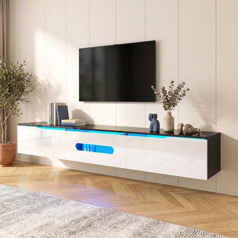 Meuble TV Suspendu 180 cm avec LED 16 Couleurs Contrôle App Style Moderne Noir et Blanc (1/5)