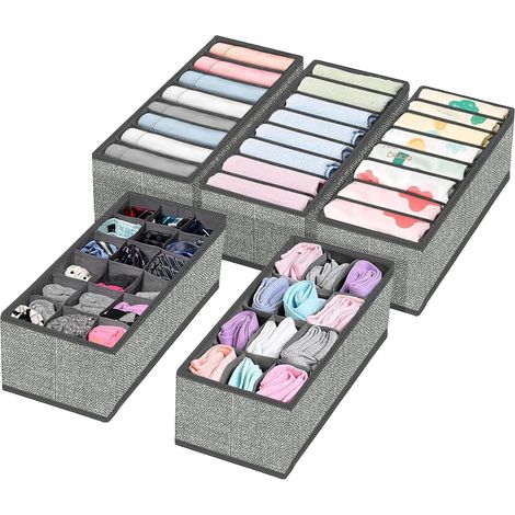 Lot de 5 Organisateurs de Tiroir Pliables - Rangement Sous-Vêtements, Dressing pour Soutiens-Gorge, Culottes, Chaussettes et Cravates, Gris (1/5)