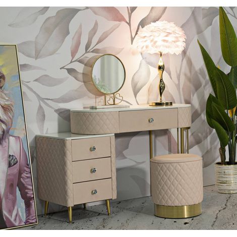 Dmora - Tocador Taquari, Mesa de tocador, Estación de maquillaje, Mueble consola, 120x40 h75 cm, Rosa y Oro (1/5)