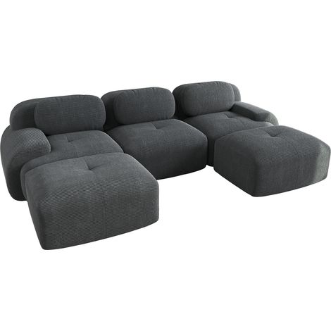 Divano Moderno a U 298x178x75 cm, 3 Poits con Chaise Longue, Struttura in Legno, Supporti e Cuscini 32D, Massimo Comfort, Grigio