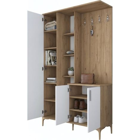 Mueble de Entrada Priero, Espejo Incluido, Perchero, 11 Estantes, 120x38x199h cm Blanco