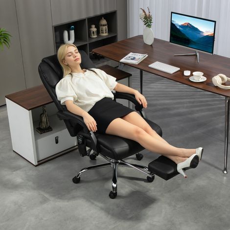 Fauteuil bureau chauffant Noir massage dossier repose pieds inclinables cuir PU