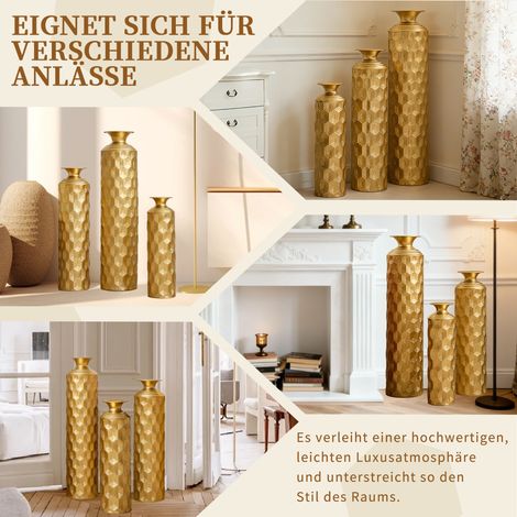 Ensemble de 3 vases de sol en métal doré semi-artisanaux motif alvéolé – déco moderne salon, couloir, entrée – 50/65/85 cm (1/4)