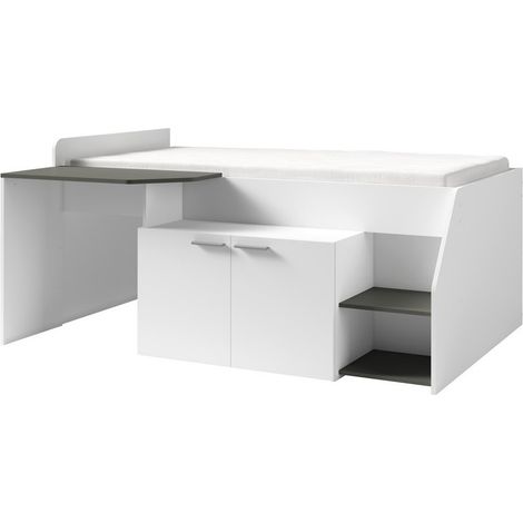 Letto Combinato ZOLA con Scrivania - Colori Bianco Satinato e Grigio - 204 x 90 x 135 cm