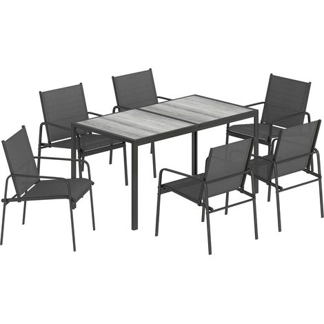 Set 7 Pezzi da Giardino con Tavolo e 6 Sedie da Pranzo con Braccioli in Acciaio Nero (1/5)