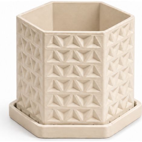 Beigefarbener, geometrischer 3D-Blumentopf mit Untersetzer und Abfluss, modern (1/3)