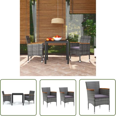 The Living Store 3-tlg. Garten-Essgruppe mit Kissen Poly Rattan Grau - Gartensessel - Gartenstuhl - Outdoor Möbel - Balkonmöbel - Terrassenmöbeln (1/5)