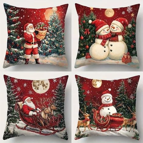 Lot de 4 taies d'oreiller de Noël – Père Noël et bonhomme de neige, motif géométrique vintage, polyester avec fermeture éclair (1/5)