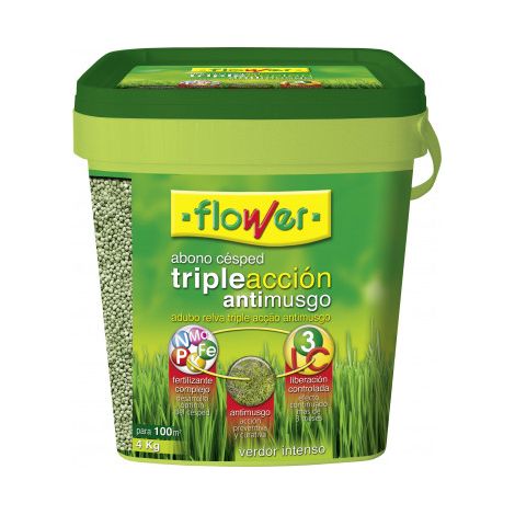 FLOWER Abono Césped Triple Acción Antimusgo, Cubo 4 kg