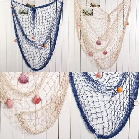 Filet de Pêche Décoratif - TEMPSA - 150x200cm - Nautique - Coton et Shell - Bleu et Blanc