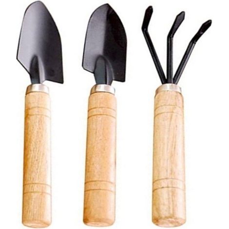 Set de 3 outils de jardin à manche en bois, 2 pelles manuelles + 1 râteau à 3 dents, kit pour plantation et rempotage des plantes (1/4)