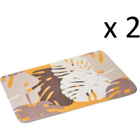 Lot 2 tapis de bain antidérapant,tapis salle de bain en microfibre avec motif de feuilles multicolore-Longueur 70 x Profondeur 45 cm