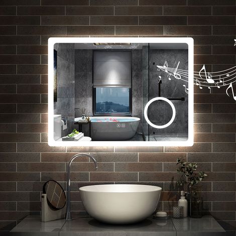 AICA Miroir de salle de bain Lumineux 100x60cm tricolor Anti-Buée et bluetooth et loupe 3x,Mémoire et Lumineux Dimmable (1/5)