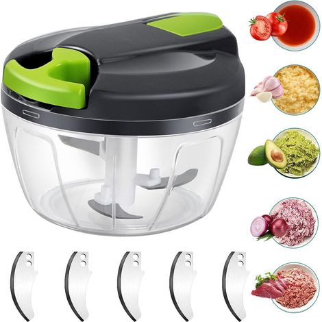 Zwiebelhacker mit 3 Edelstahlklingen, manueller Zwiebelschneider mit 3 Edelstahlklingen, manueller Mixer-Knoblauchschneider für Gemüse, Fleisch (grün)