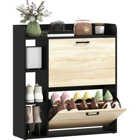 Meuble à chaussures noir Slim avec 2 tiroirs et 3 espaces ouverts pour 15 paires, dimensions 83x24x90,5 cm (1/5)