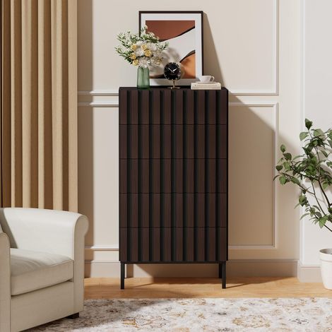 UEV Cassettiera 5 Cassetti Strisce a Legno, Motivo a Doghe di Legno, Cassettiere Camera da Letto Solida e Stabile con Design Antiribaltamento, 60x34x110cm, Noce e Nero
