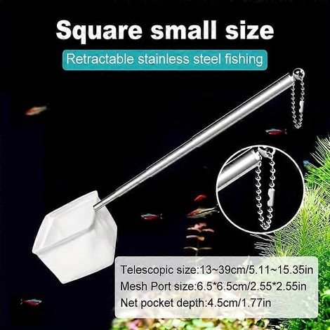 Une épuisette à poignée rétractable, adaptée à la pêche en aquarium, avec des mailles fines, flexible et durable, de petite forme carrée. (1/5)