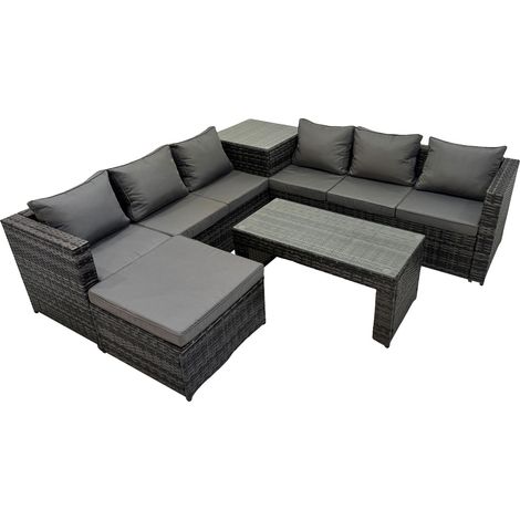 Fimous Garden Rattan Outdoor Furniture Set 7 Seater Patio Corner Sofa Oblong Coffee Table with Big Stool Side Table Dark Grey (1/5)