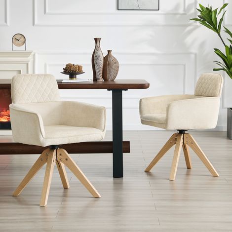 Ensemble de 2 chaises pivotantes 360° salle à manger, tissu blanc crème losanges, pieds bois massif, structure carrée, cuisine ouverte, bureau (1/4)