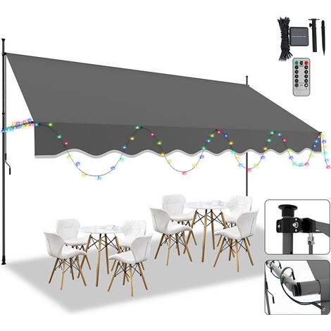 TolleTour Klemmmarkise mit LED 400x120cm Balkonmarkise, UV-beständig 50+ höhenverstellbar Sonnenschutz ohne Bohren für Terrasse und Balkon Grau